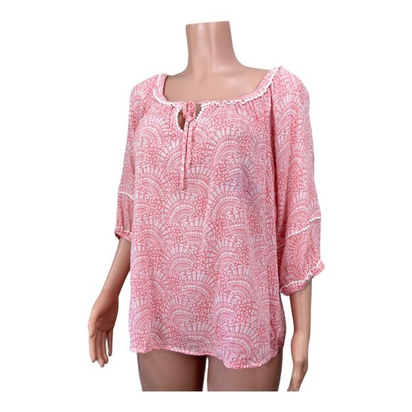 Crown & Ivy Women sz L Petite  Coral Top Blouse Tie Collar Neck Crochet Detail - Picture 14 of 15